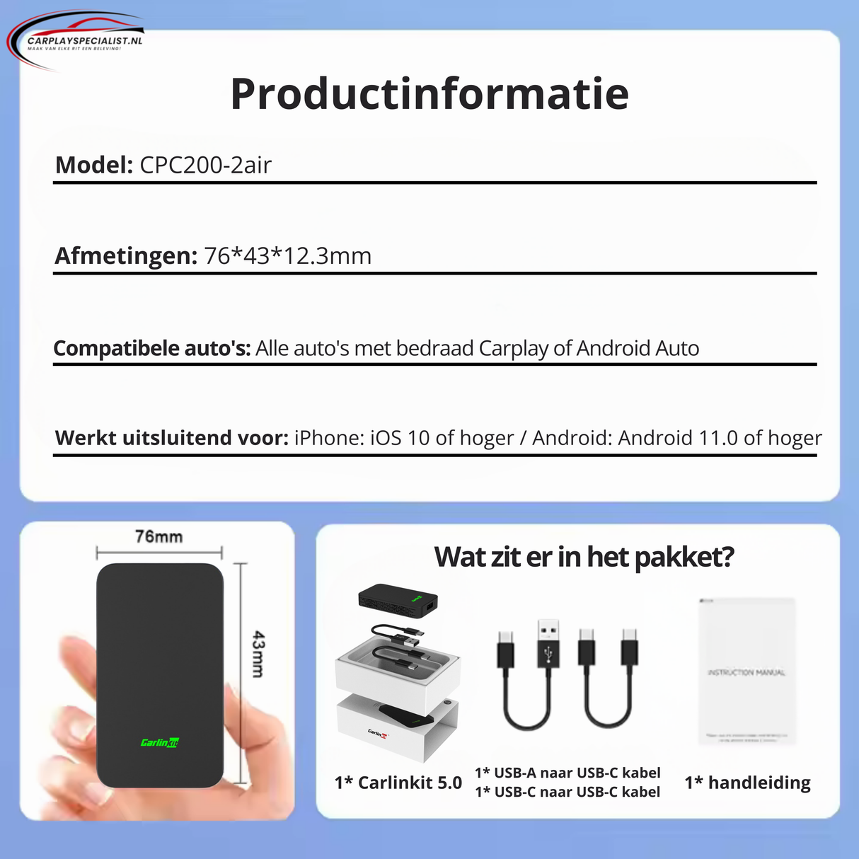 Carlinkit 5.0 CPC200-2Air: Draadloze Apple CarPlay & Android Auto Adapter